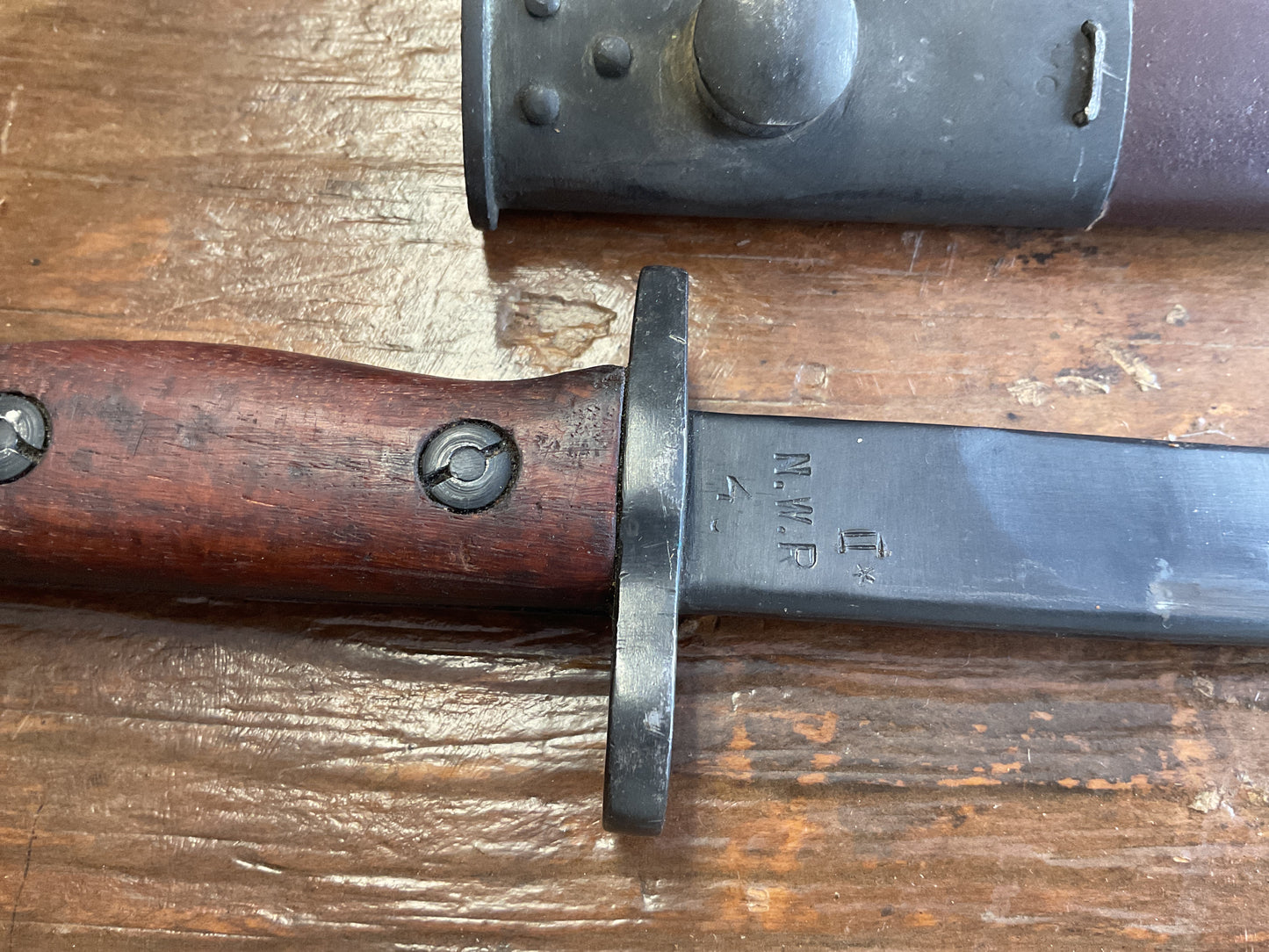 Original WWII Australian M1943 makers marked Bengal&Northwest Railways Bayonet & Orange Arsenal Scabbard