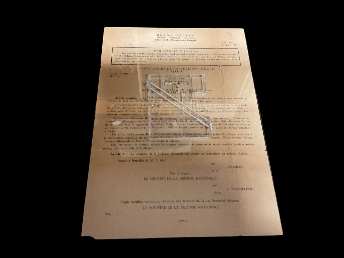 WWII Belgian Fourragere Award Citation 2nd US Armored