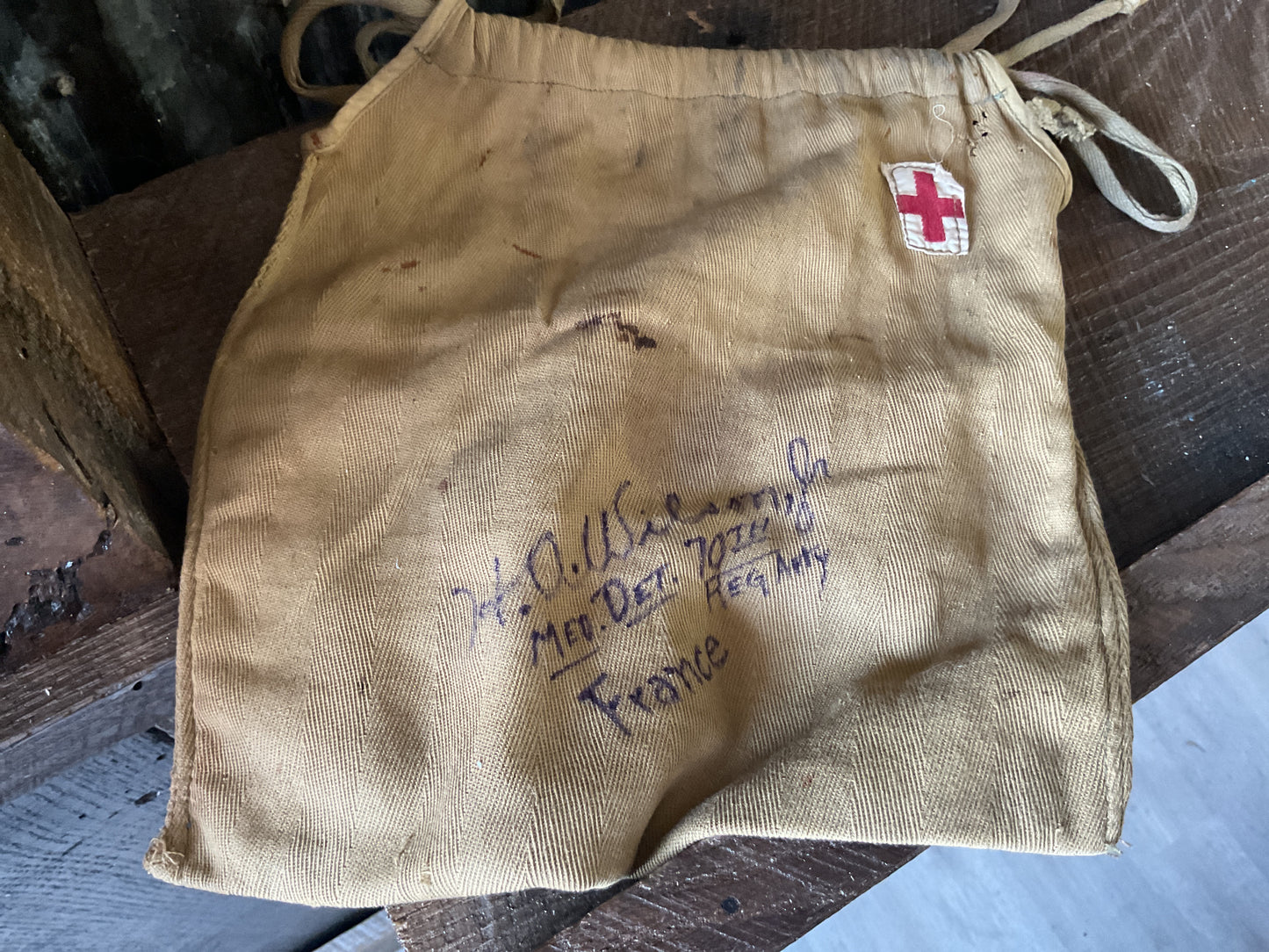 WWII Red Cross Drawn String Bag String Bag with Arm Band & Red Cross Pamphlet named
