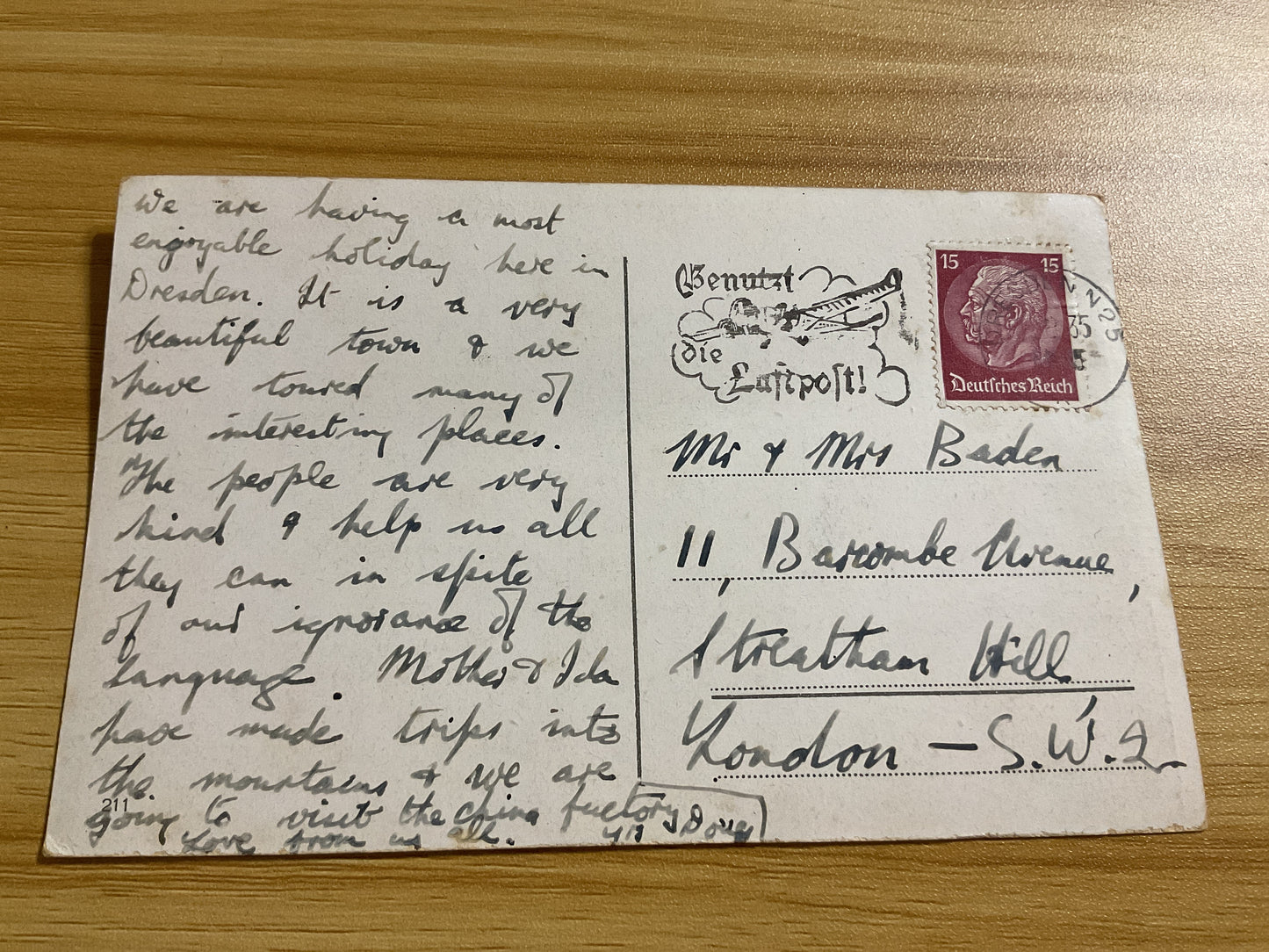 WWII German Dresden Postcard-Luftpost Cancellation-1930’s Third Reich Era