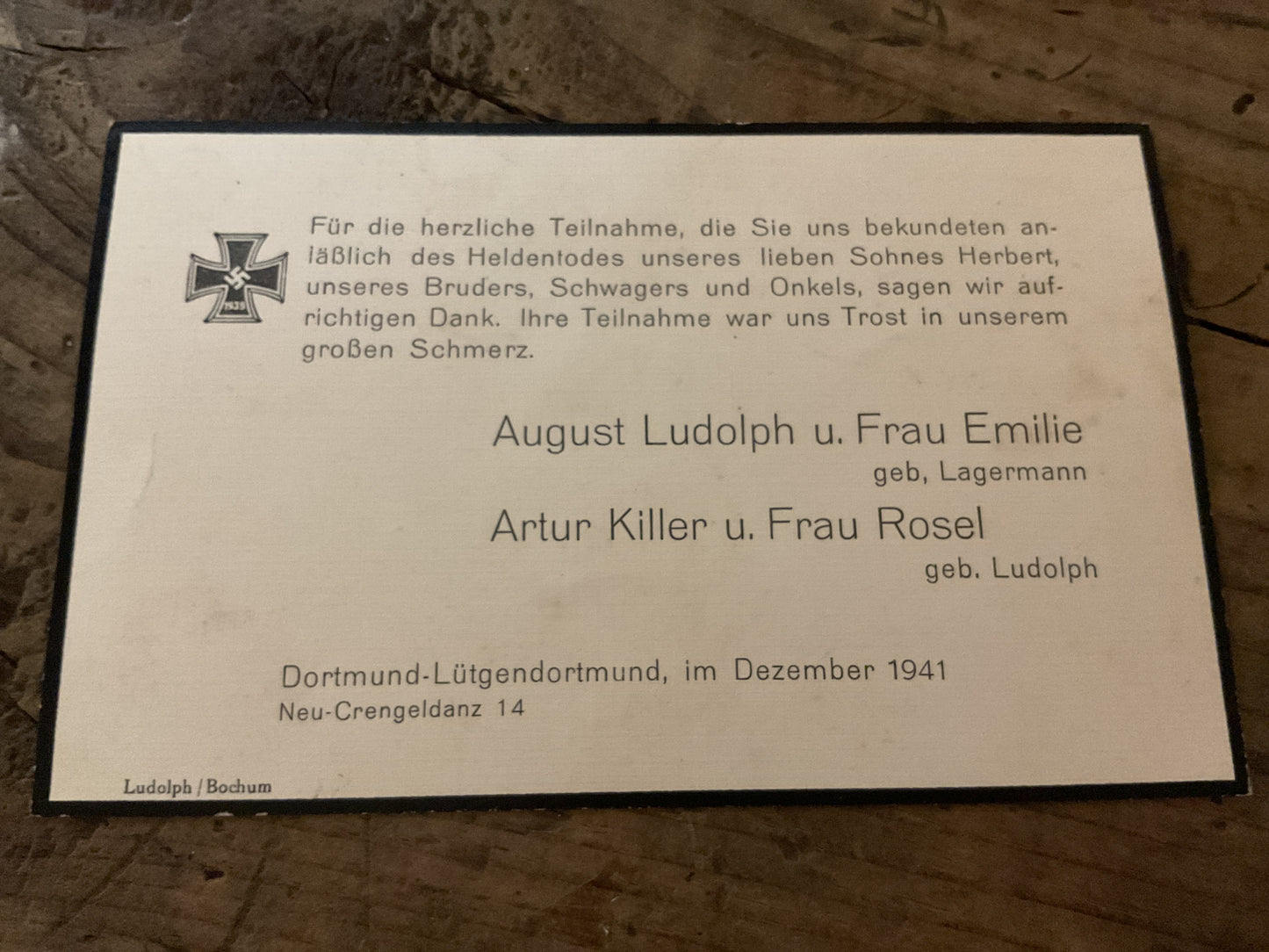 Original WWII German Soldier KIA Mourning Thank You Card-Herbert Lundolph-Dortmund- Dec. 1941