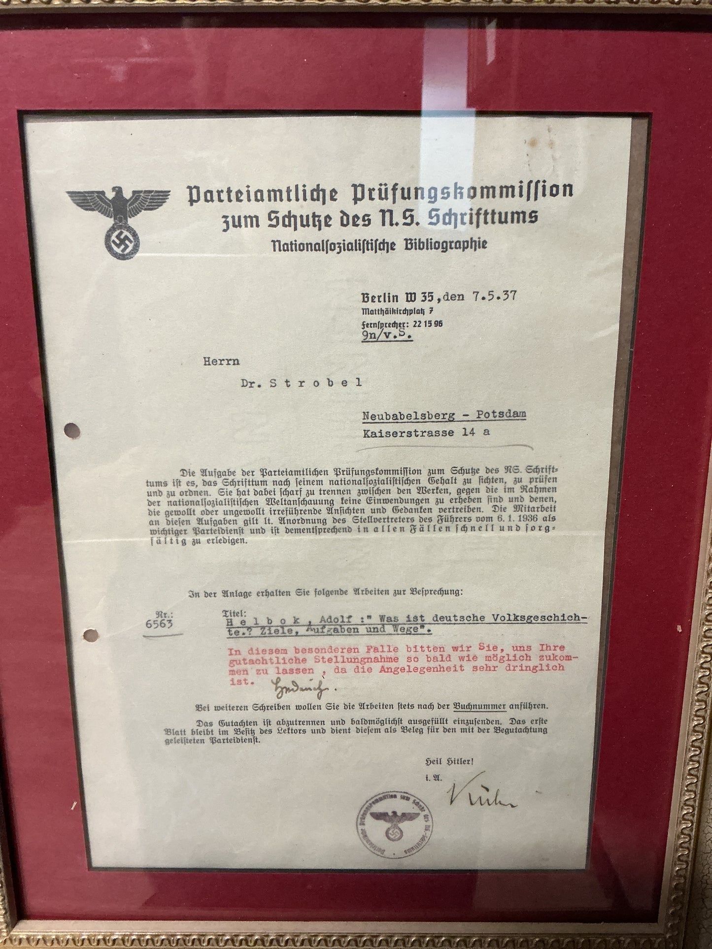 RARE!! 1937 Third Reich Party Official Examination Commission Letter-NSDAP Literary Review Commission-Berlin