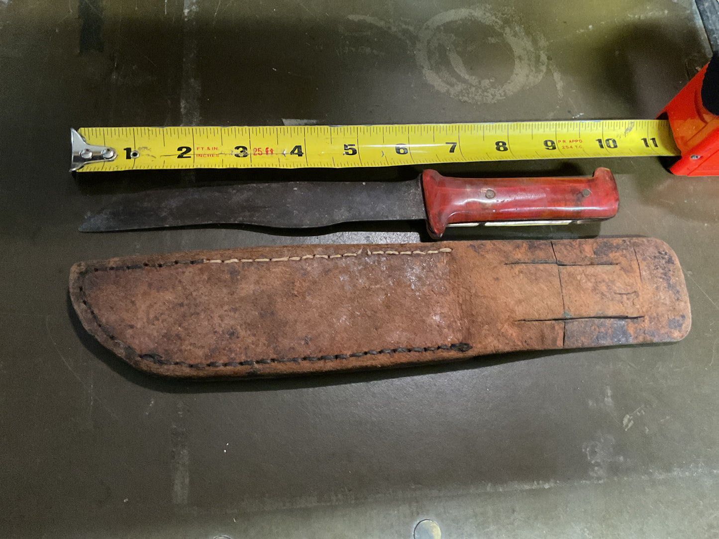 WWII Theatre Knife little brown handle believed to be GI Signed Sheath