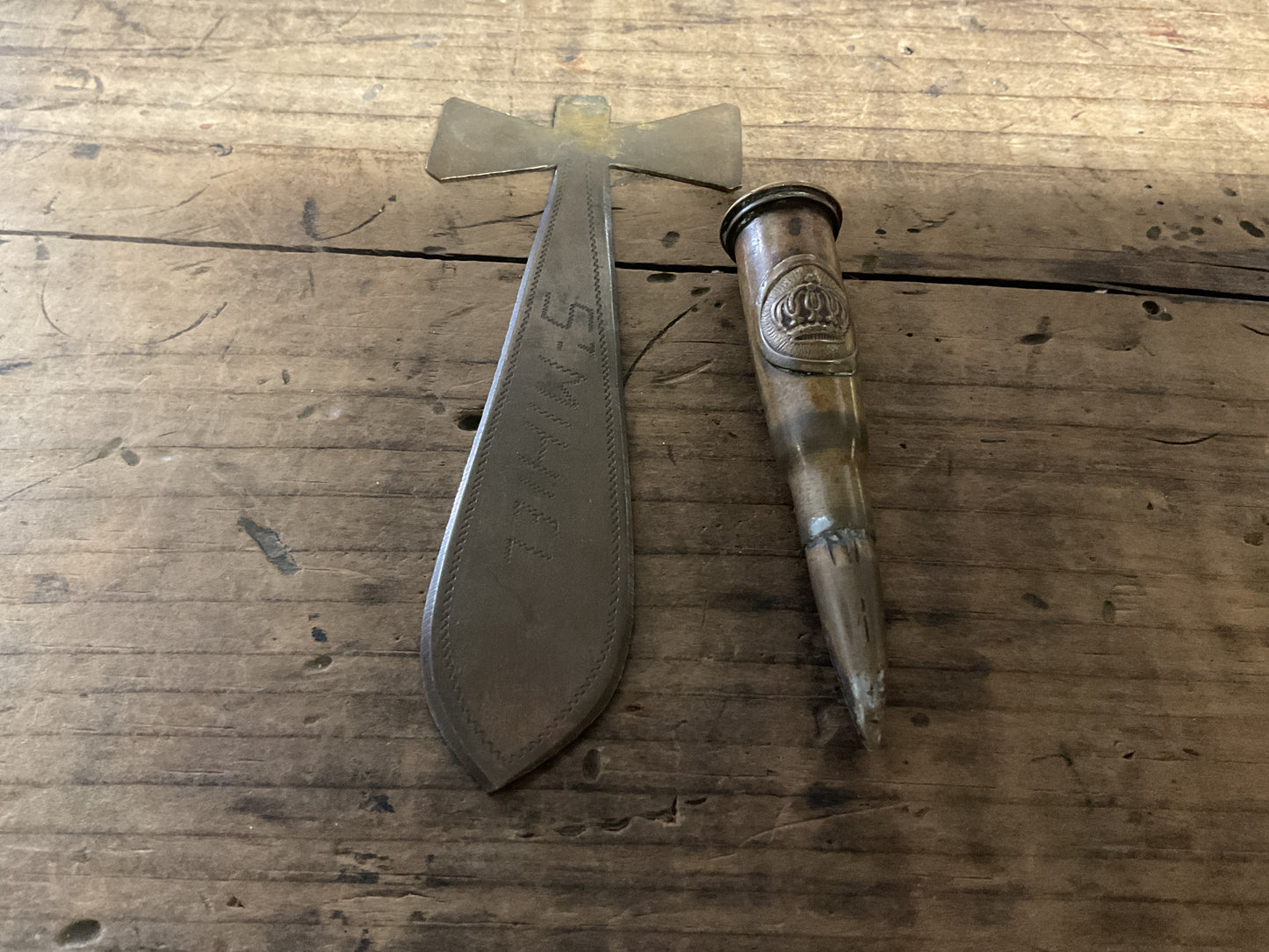 WWI St. Miguel Trench Art Cross w/ Decorated Cartridge Handle