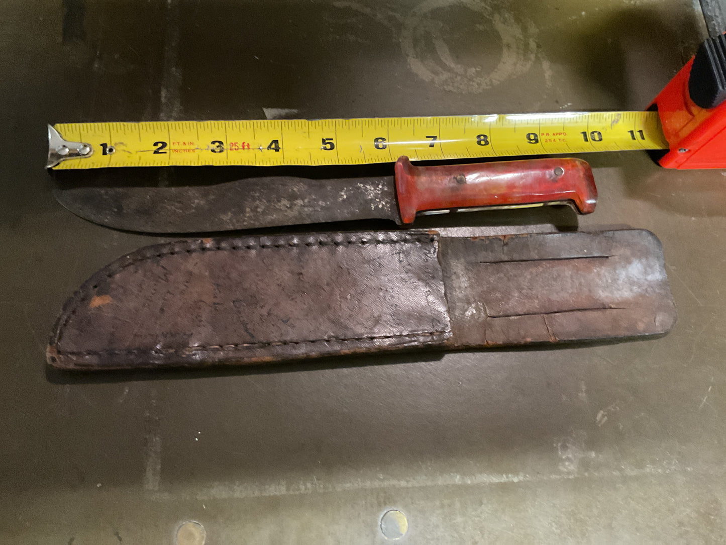 WWII Theatre Knife little brown handle believed to be GI Signed Sheath