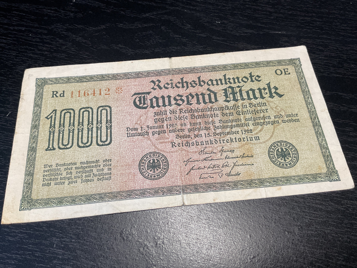 German 1000 Mark Reichs Banknote 1922