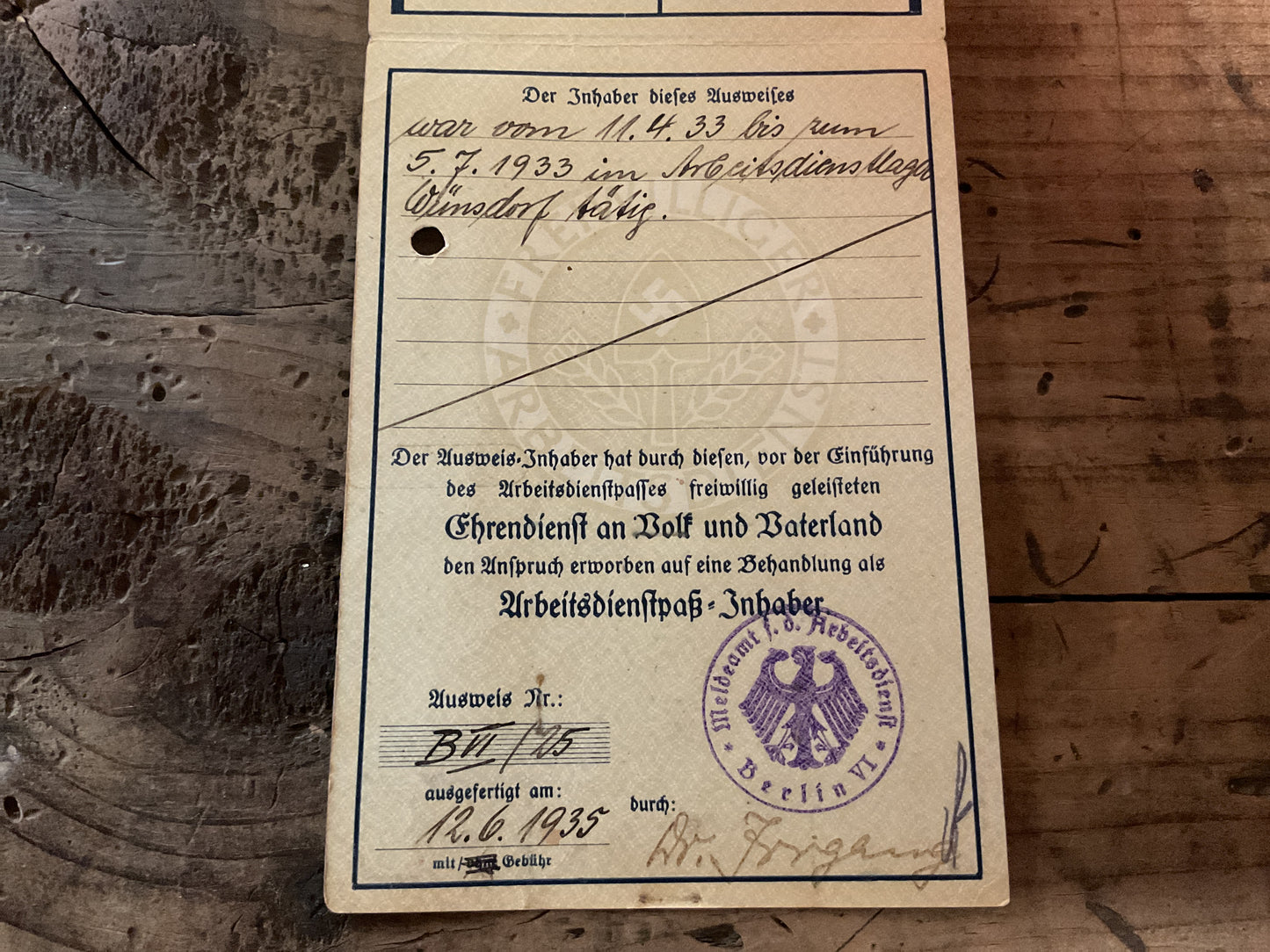 Original 1935 German Freiwillinger Arbeitsdienst (FAD) Service ID Booklet-Named
