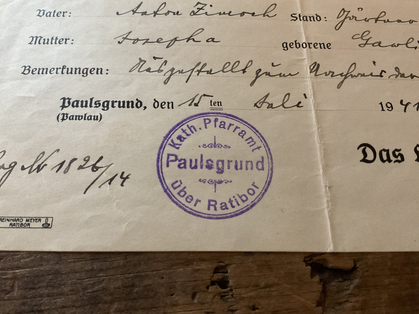 WWII German 1941 Catholic Birth & Baptism Certificate-Paulsgrund/Ralibor, Upper Silesia