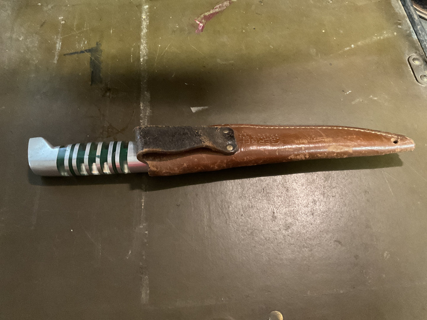 WWII Theatre Knife Green & Silver Handle