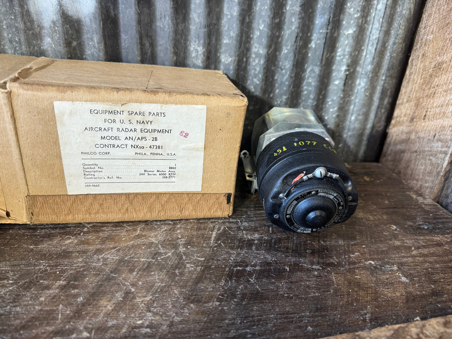 NOS U.S. Navy AN/APS-2B Aircraft Radar Blower Motor Assembly B802 Philco WWII Radar Equipment