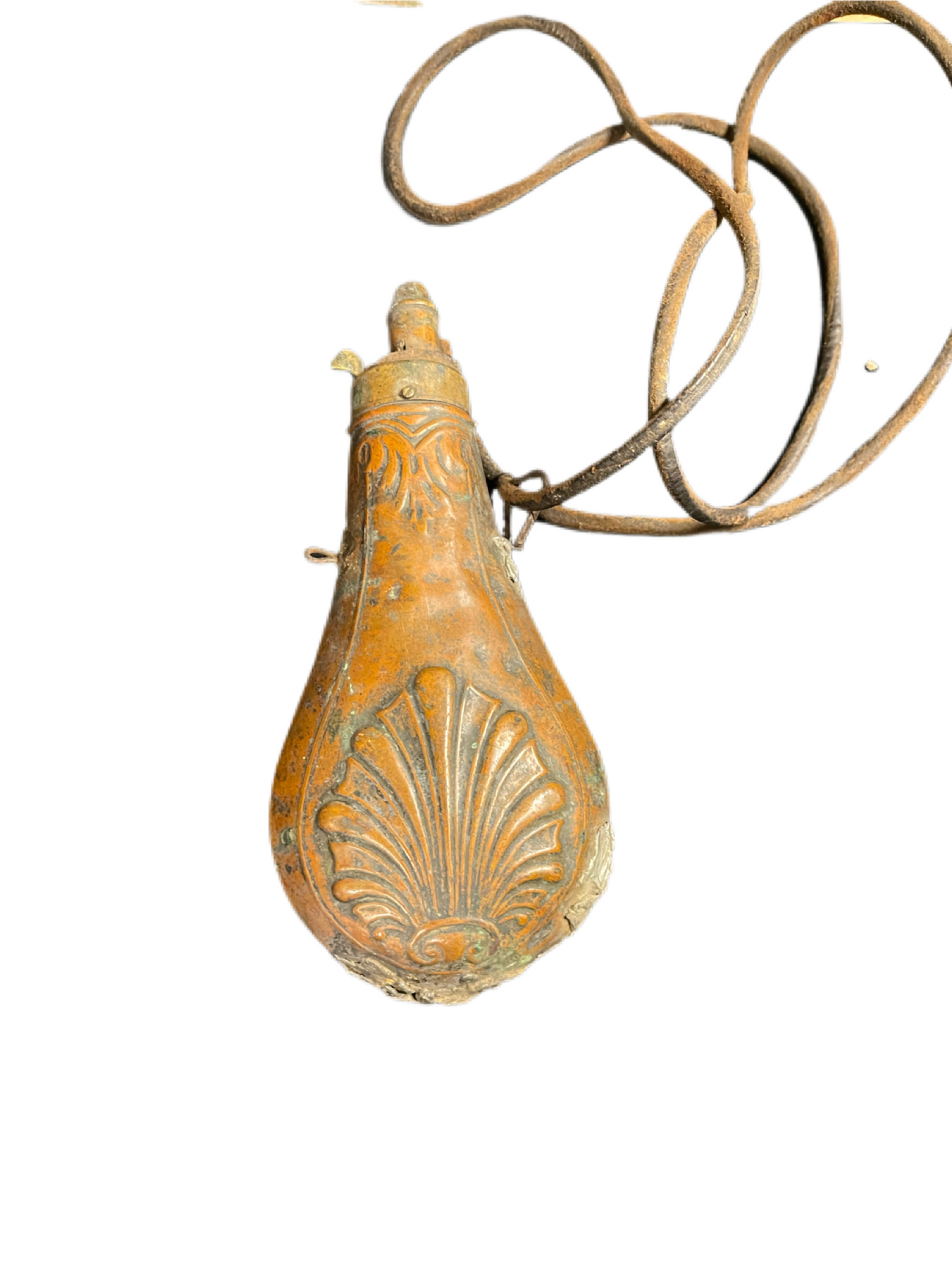Antique Brass Hunting Powder Flask, Circa 1890-1910 – Ornate Floral and Shell Motif
