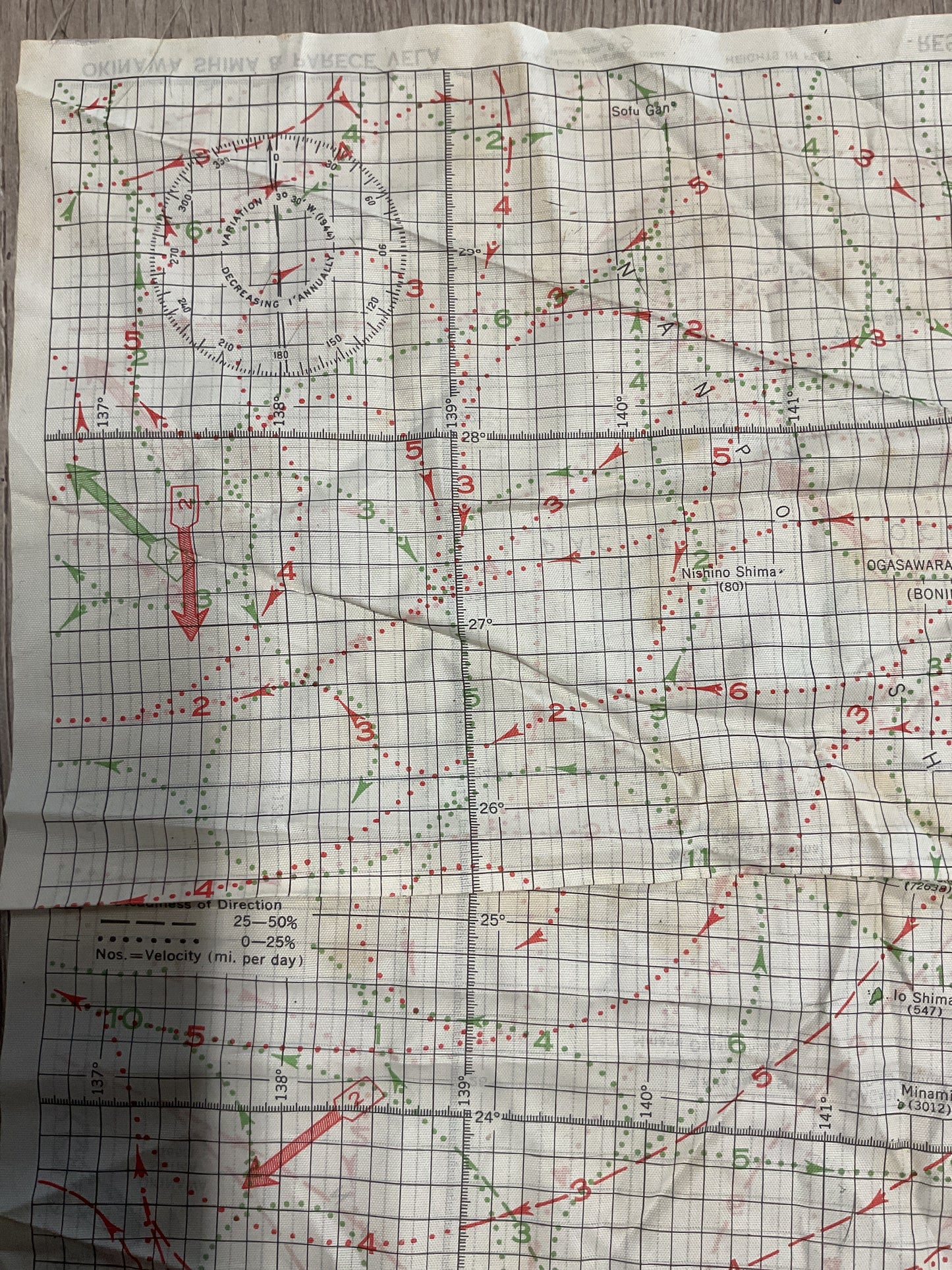 WWII U.S. Navy Pacific Ocean Cloth Navigation Chart-Ocean Currents Map-Original