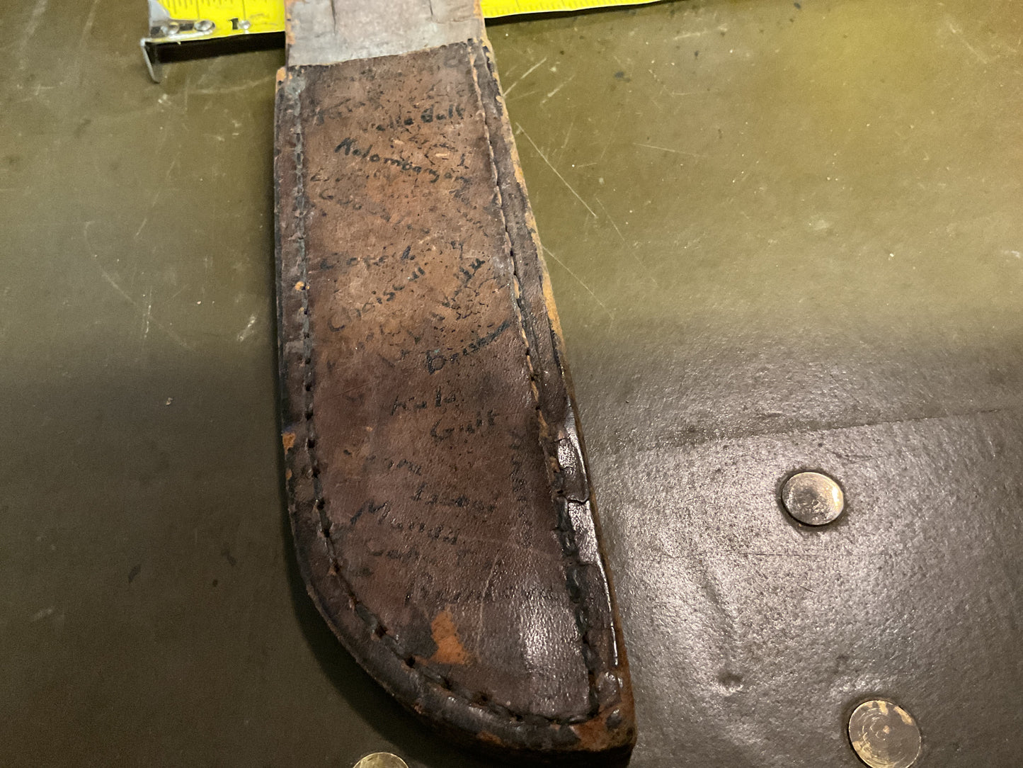 WWII Theatre Knife little brown handle believed to be GI Signed Sheath