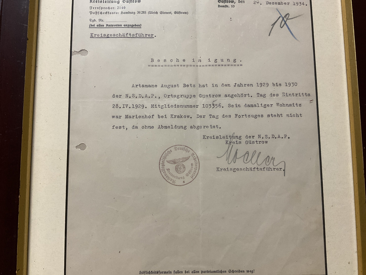 NSDAP Membership Verification Certificate-Kreisleitung Gustrow-1934