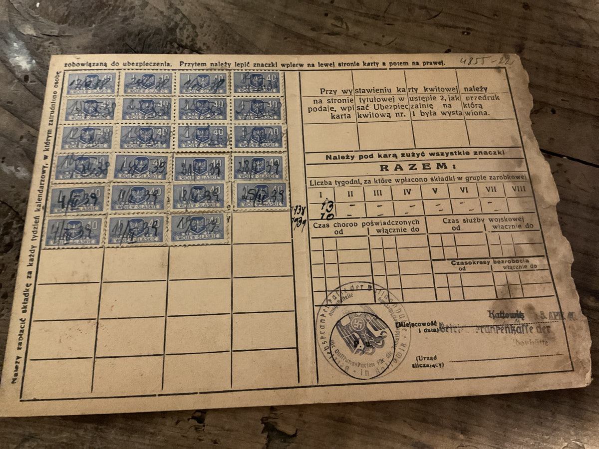 German Occupied Poland Social Insurance Card-Katowice-Eagle and Swastika Stamped