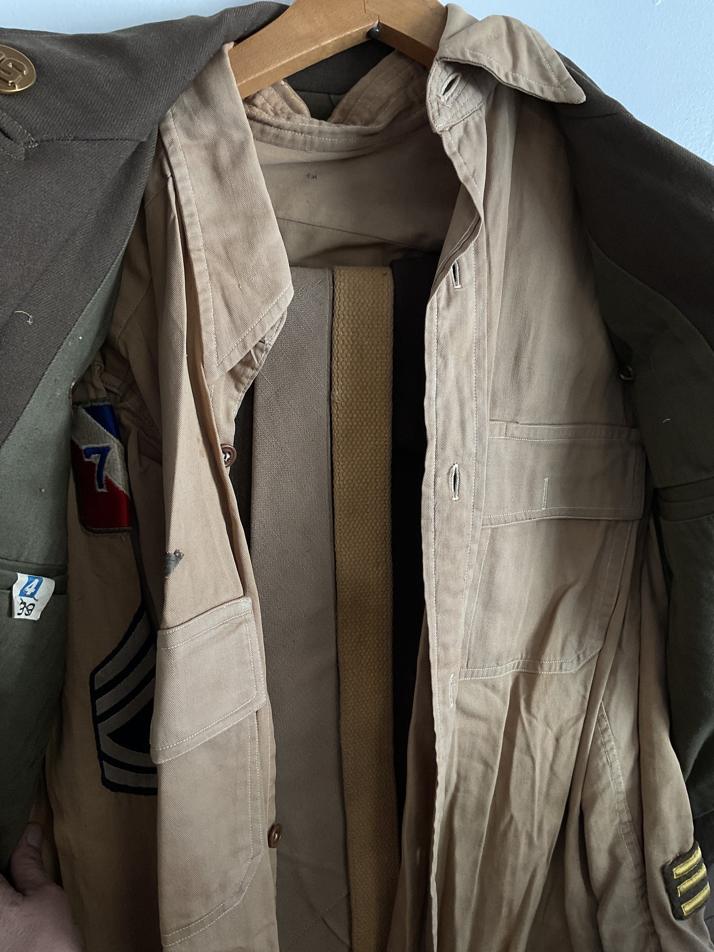 WWII U.S. Army 75th Infantry Division Ike Jacket - Staff Sergeant, ADSEC with Ruptured Duck, Ribbon Bar, and Marksman Badge - Size Medium (Estimated)