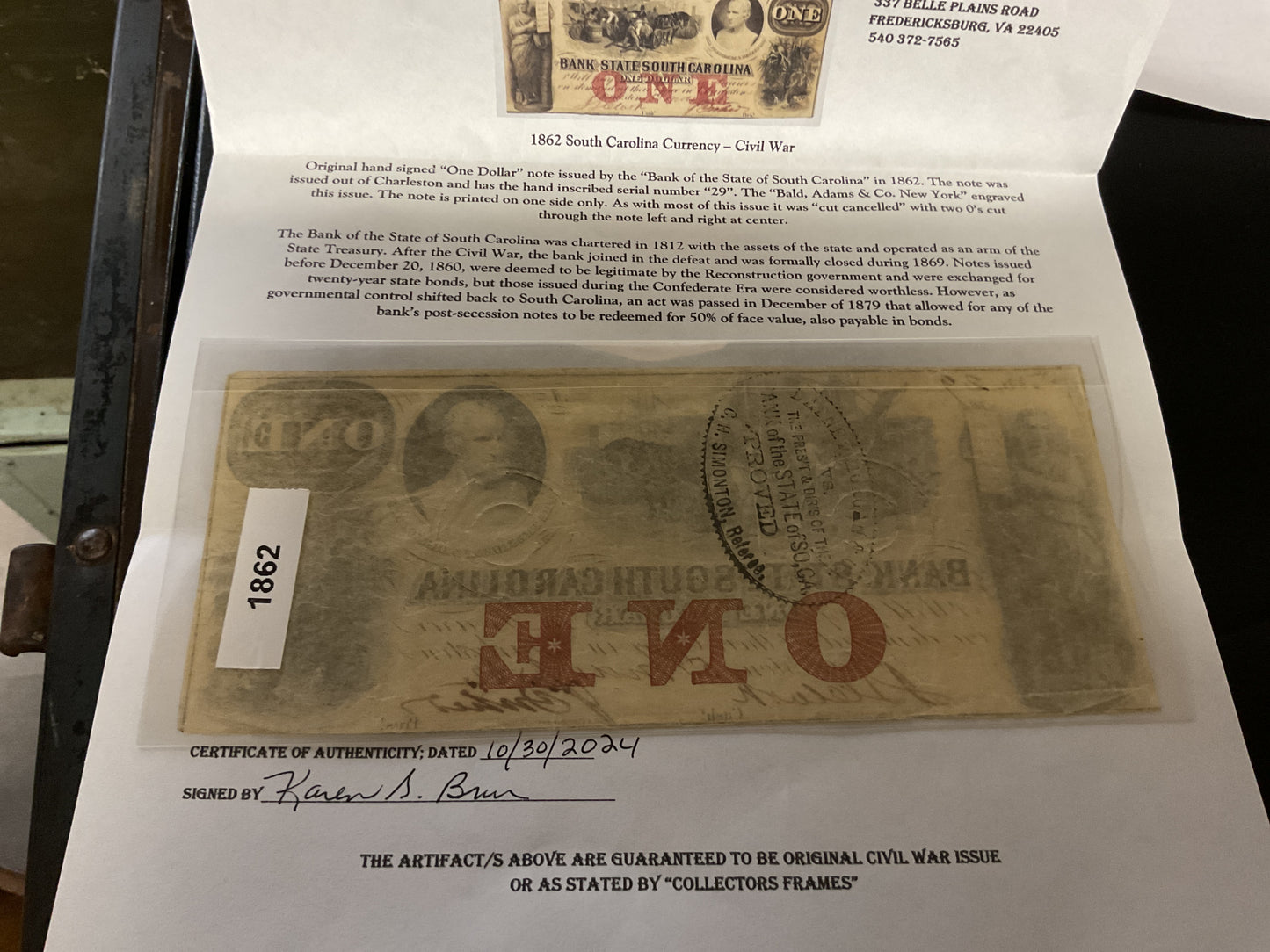 Confederate Bank of South Carolina One Dollar Bill Civil War