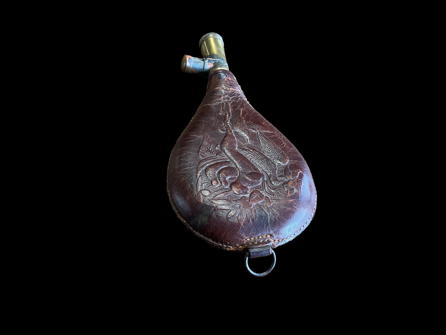 “Game Scene” Leather Powder Flask 1850-1870