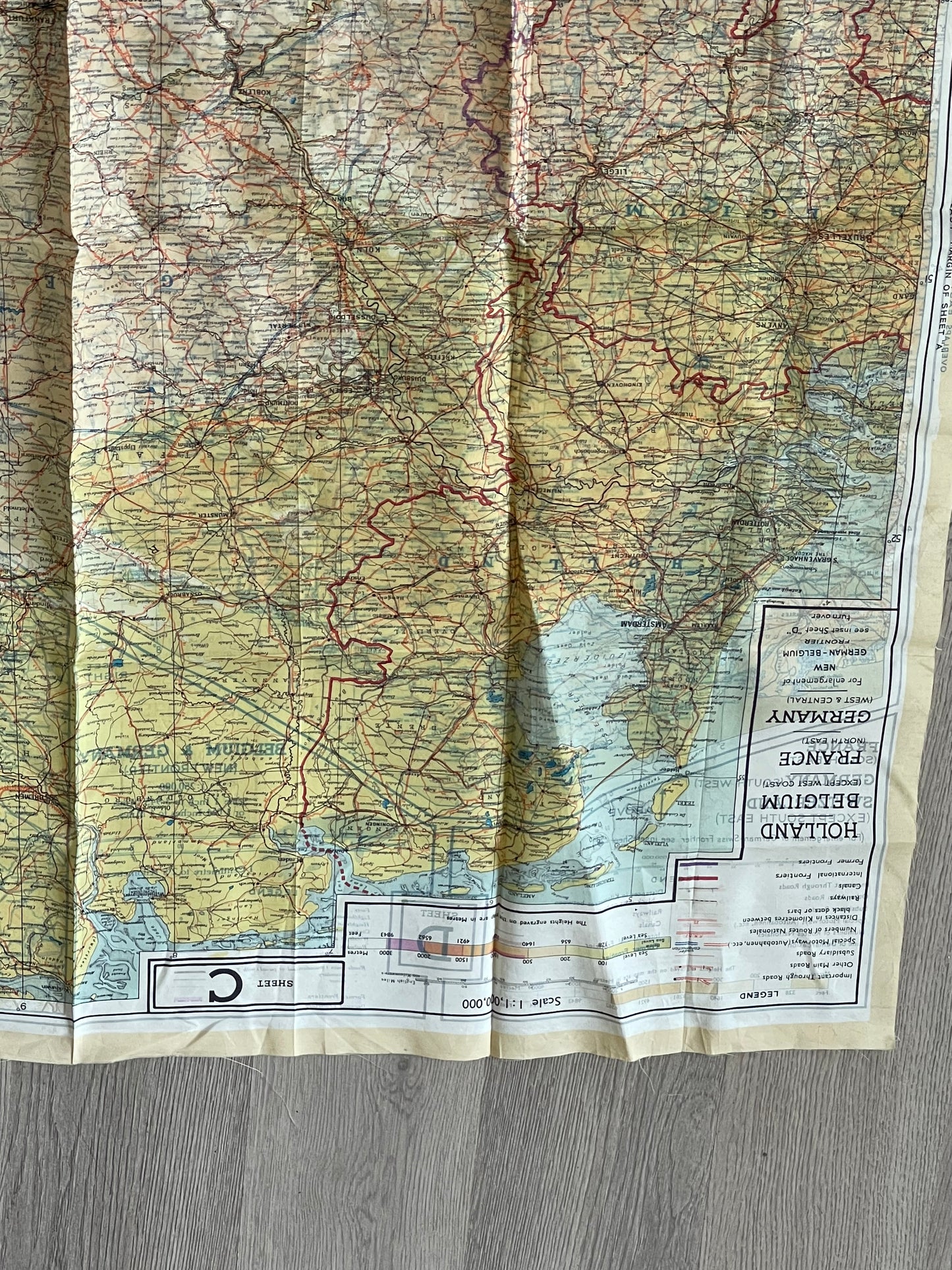 Original WWII Allied MI9 Silk Escape & Evasion Map 43/C–43/D – France, Germany, Belgium, Holland & Switzerland