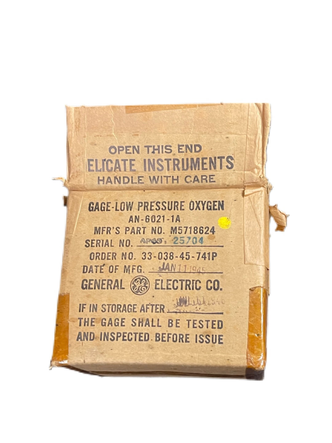 WWII U.S. Army Air Forces Oxygen Pressure Gauge – General Electric AN-6021-1A – New Old Stock with Original Packaging (1945)