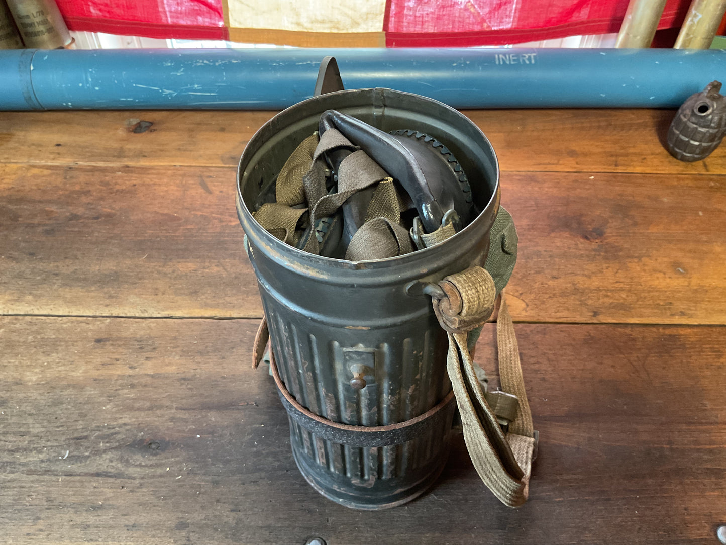 Signed Can and WW2 German Gas Mask