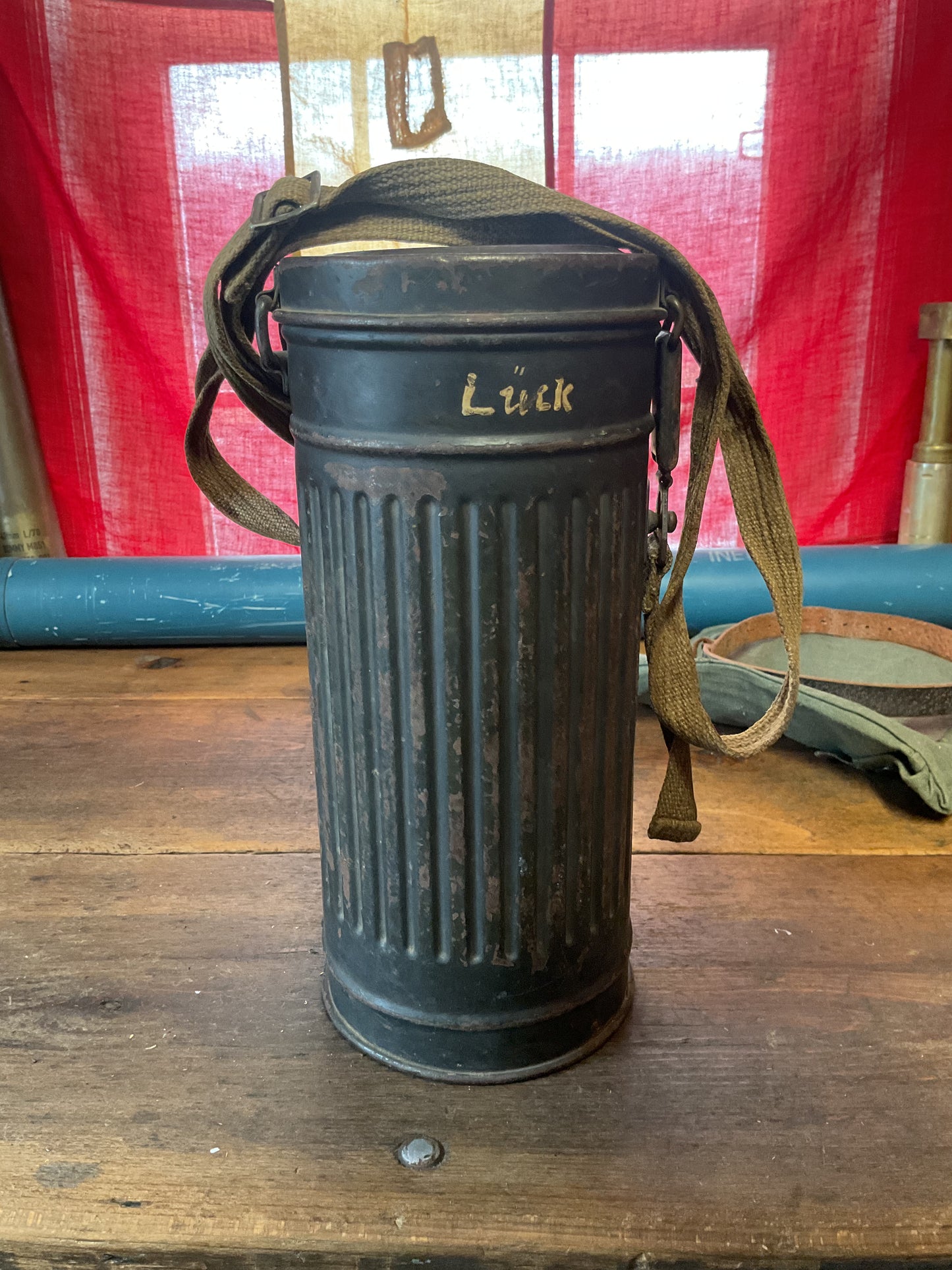 Signed Can and WW2 German Gas Mask