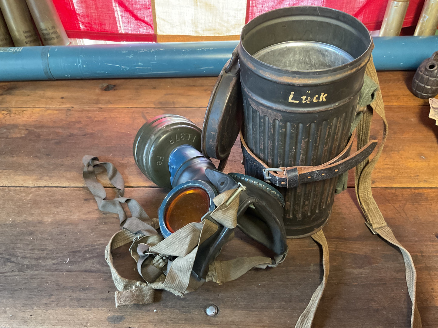 Signed Can and WW2 German Gas Mask