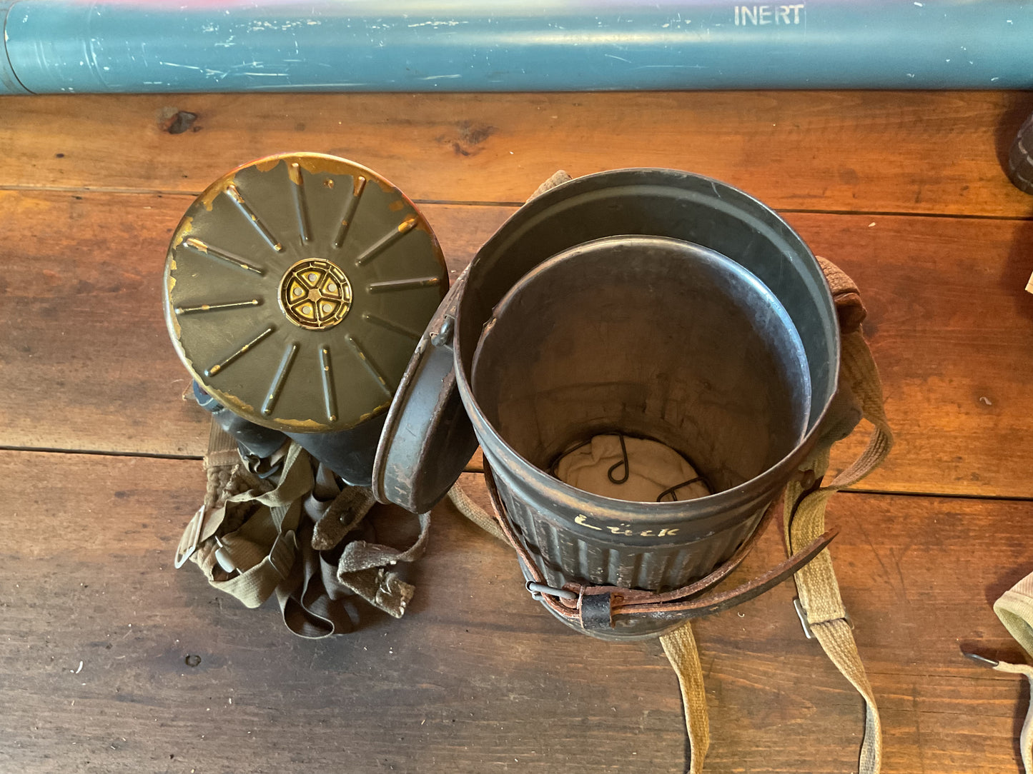 Signed Can and WW2 German Gas Mask