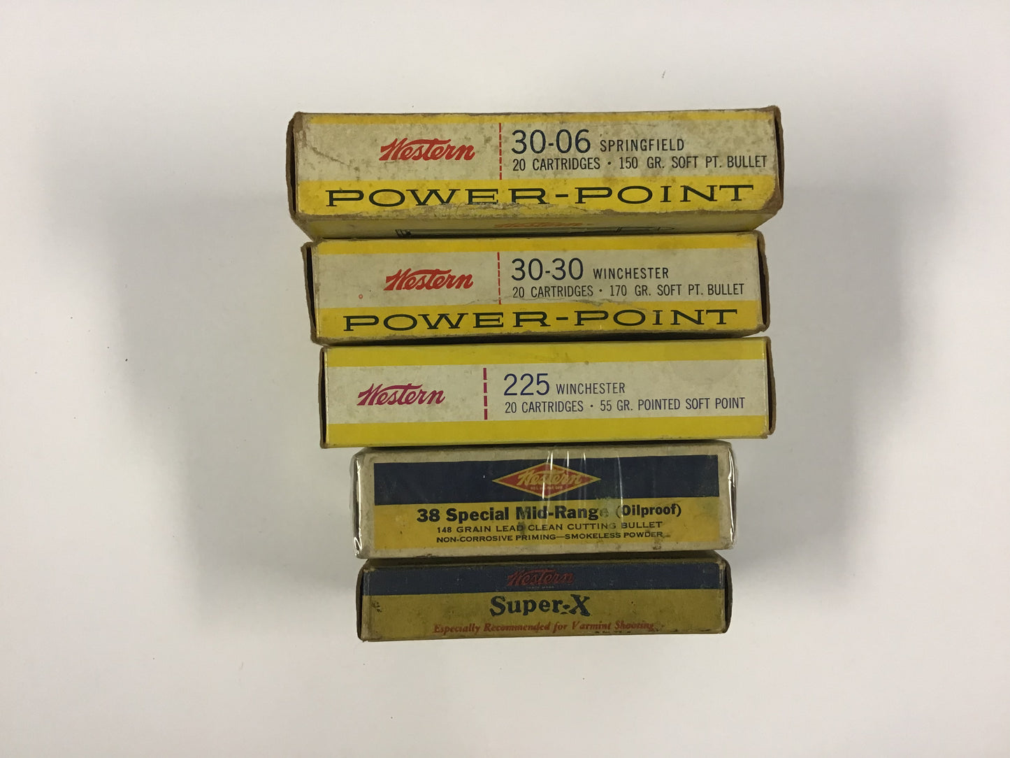 Vintage Western Ammunition Box Lot – 5 Empty Boxes – Power-Point, Super-X & .38 Special