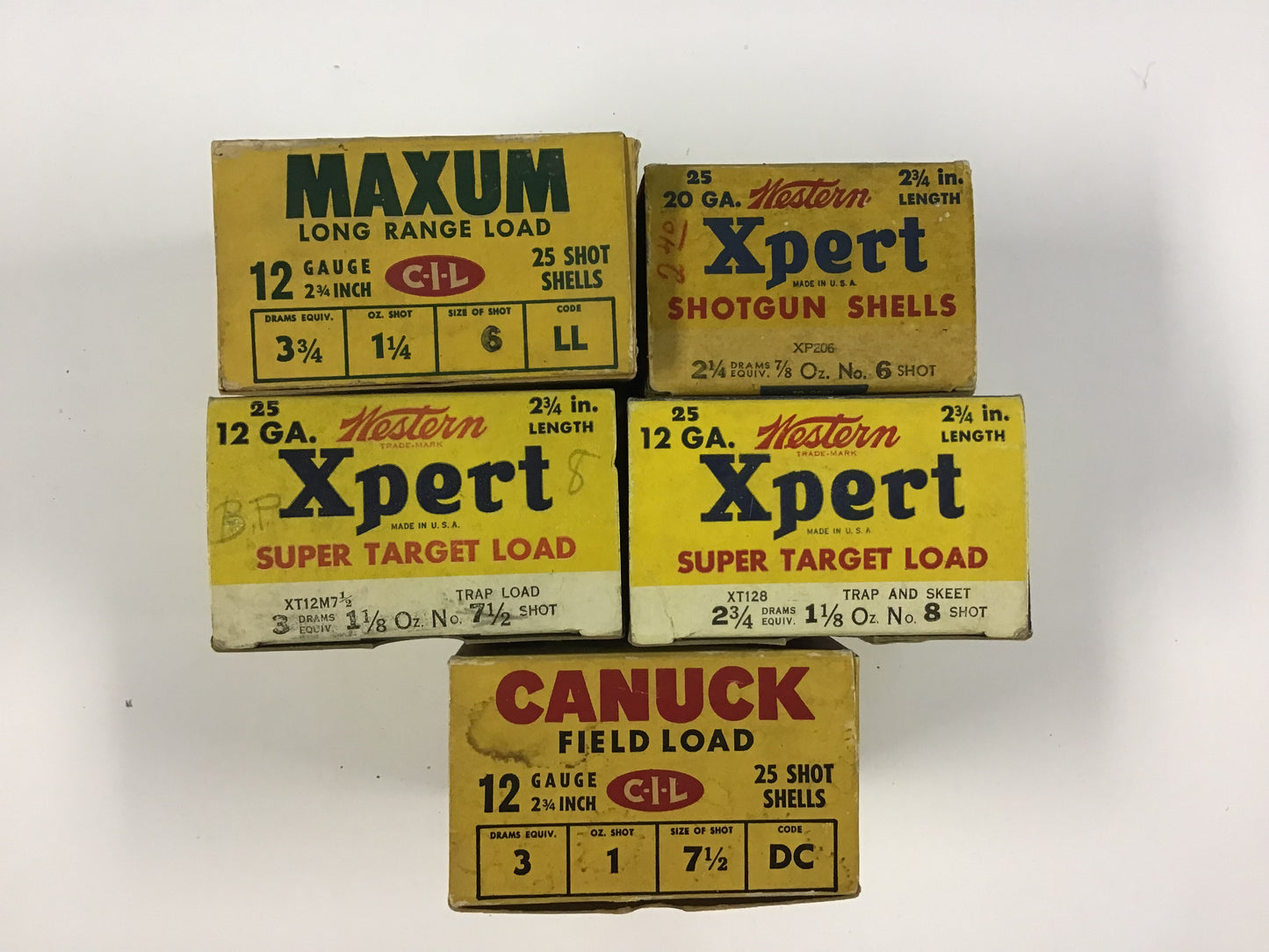 Vintage C-I-L & Western Shotgun Shell Box Lot – 5 Empty Boxes – Maxum, Xpert & Canuck
