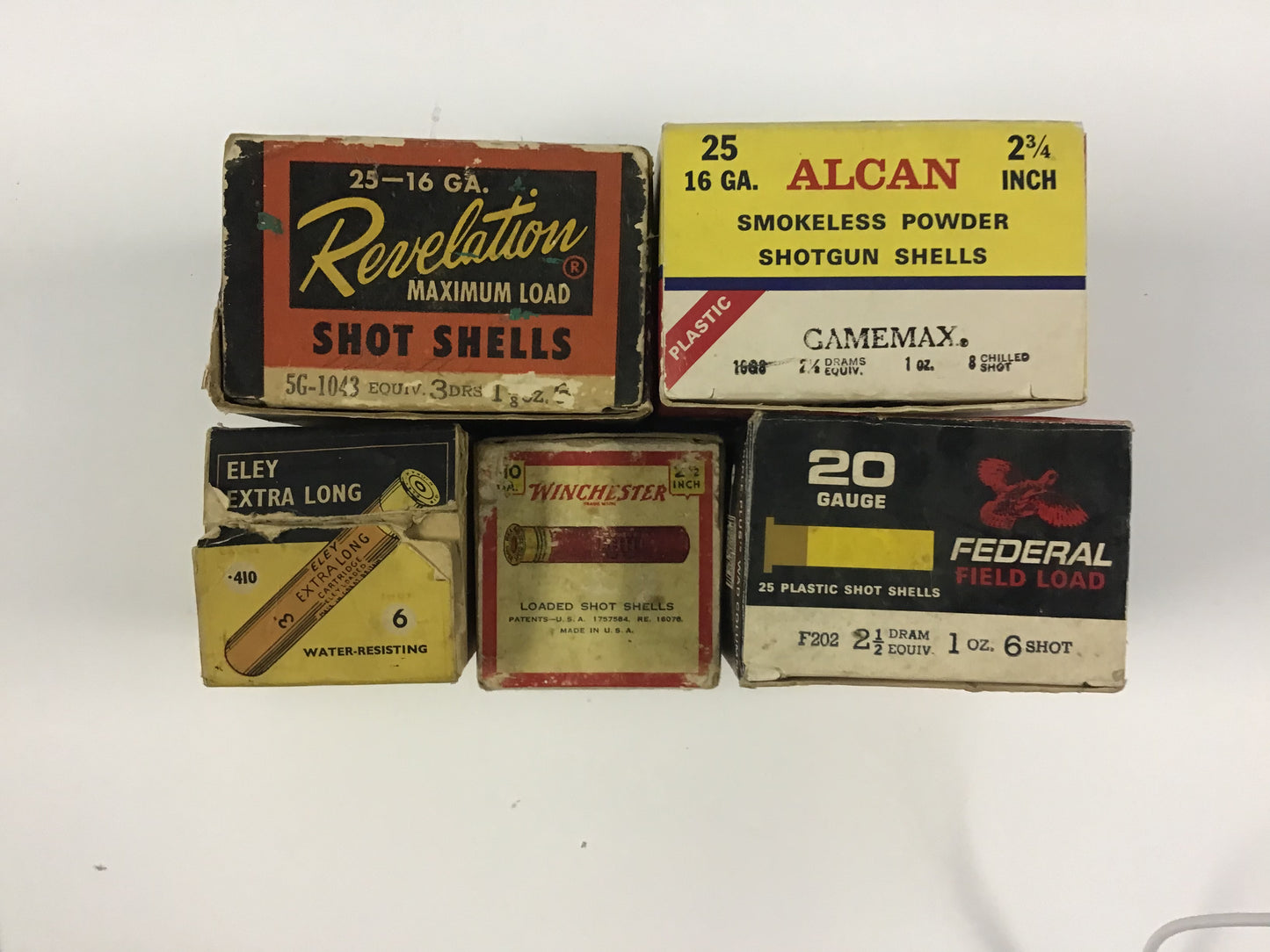Vintage Mixed Shotgun Shell Box Lot – Revelation, Alcan, Winchester, Federal & Eley – 5 Empty Boxes