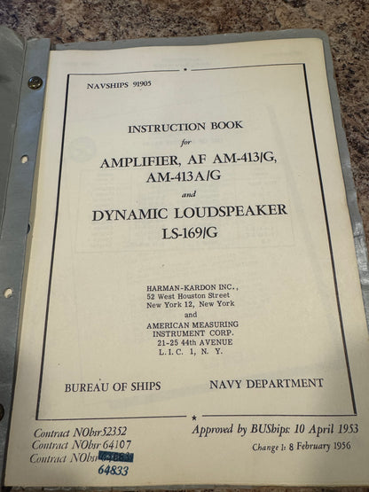 U.S. Navy NAVSHIPS 91905 Amplifier AM-413/G & LS-169/G Speaker Manual – 1953–1956 Harman Kardon Military Audio Equipment Instruction Book