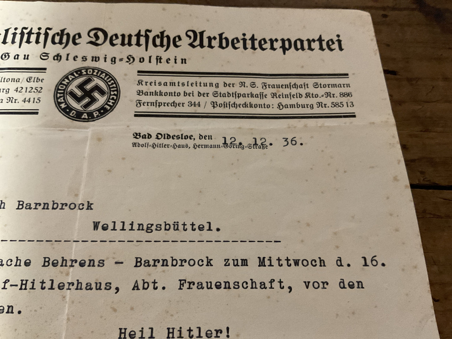 Elisabeth Barnbrock 1936 NS-Frauenschaft Dispute Archive-Hamburg-Wellingbuttel-Named WWII German Document Group