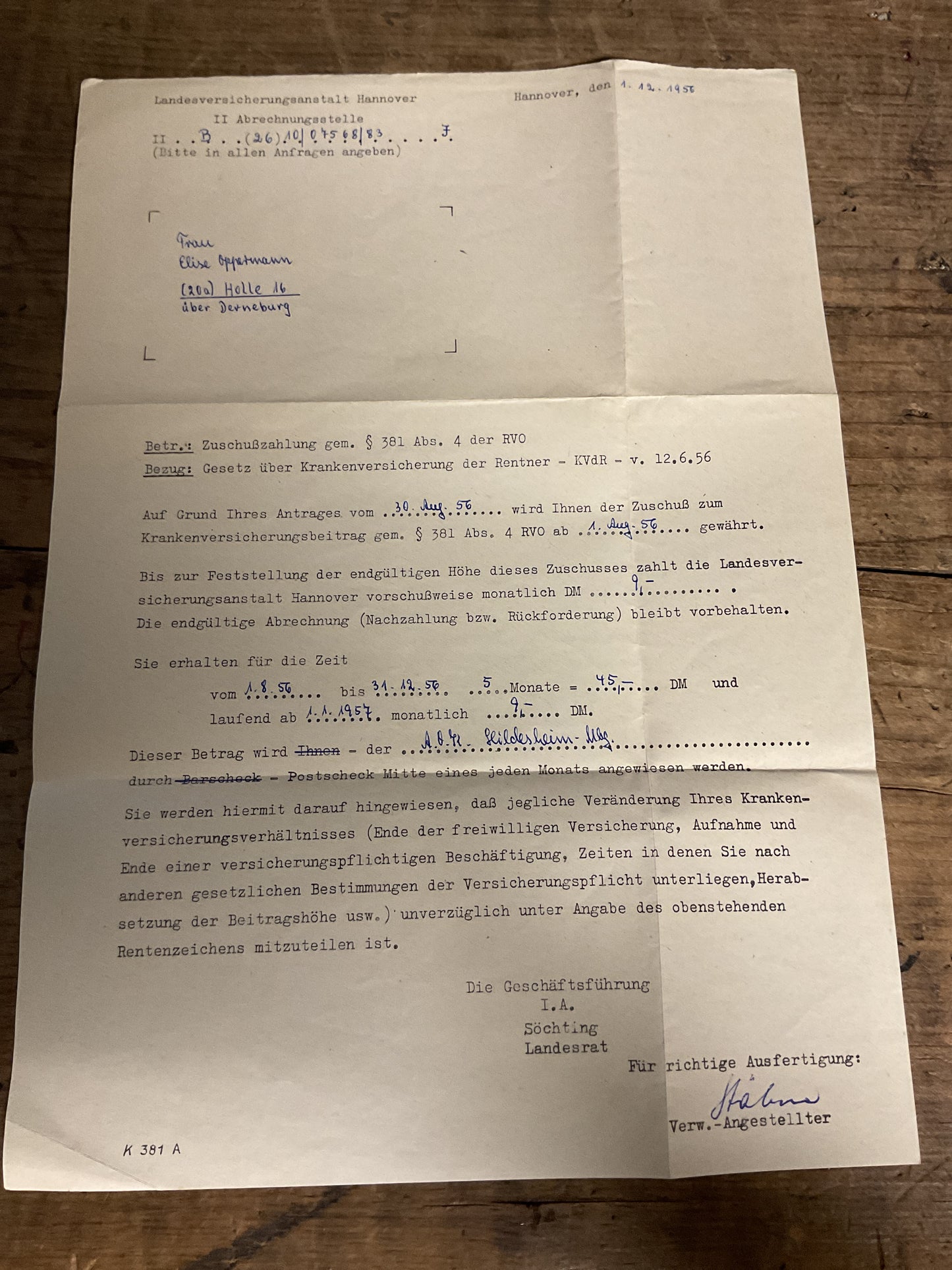 1956 West Germany Pensioners Health Insurance Subsidy Document