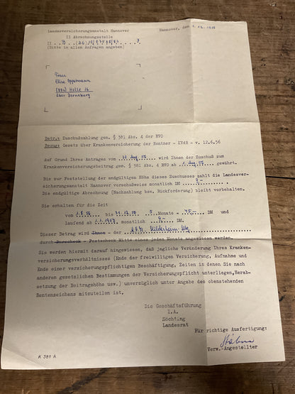 1956 West Germany Pensioners Health Insurance Subsidy Document