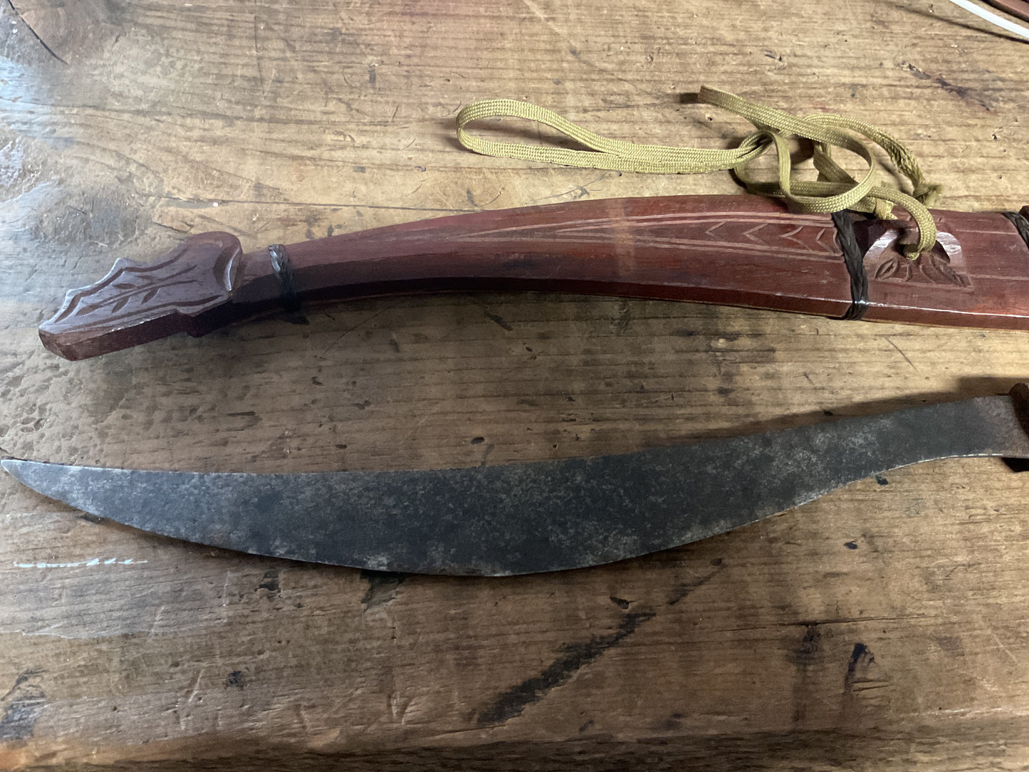 Vintage Southeast Asian Parang/Golok Knife w/ Carved Wooden Scabbard