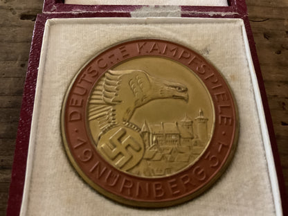 1934 German Sports Games Nuremberg Ceramic Medallion w/ Presentation Case