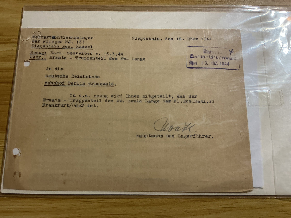 1944 WWII German Hitler Youth Documents- Ziegenhain to Deutsche, Reichsbahn, Berlin-Grunewald