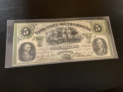 Confederate Bank of South Carolina Five Dollar Note civil war