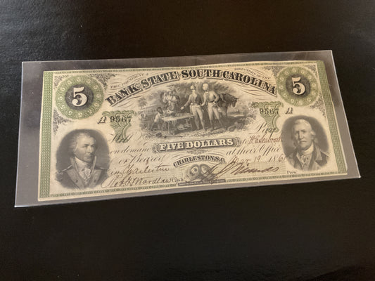 Confederate Bank of South Carolina Five Dollar Note civil war