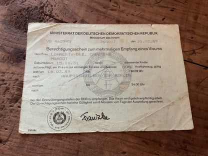 1989 East German DDR Multiple-Entry Visa Authorization-Berlin Travel Document-Final Year of the Berlin Wall