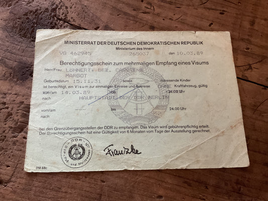 1989 East German DDR Multiple-Entry Visa Authorization-Berlin Travel Document-Final Year of the Berlin Wall