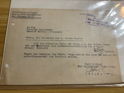 1944 WWII German Hitler Youth Documents- Ziegenhain to Deutsche, Reichsbahn, Berlin-Grunewald