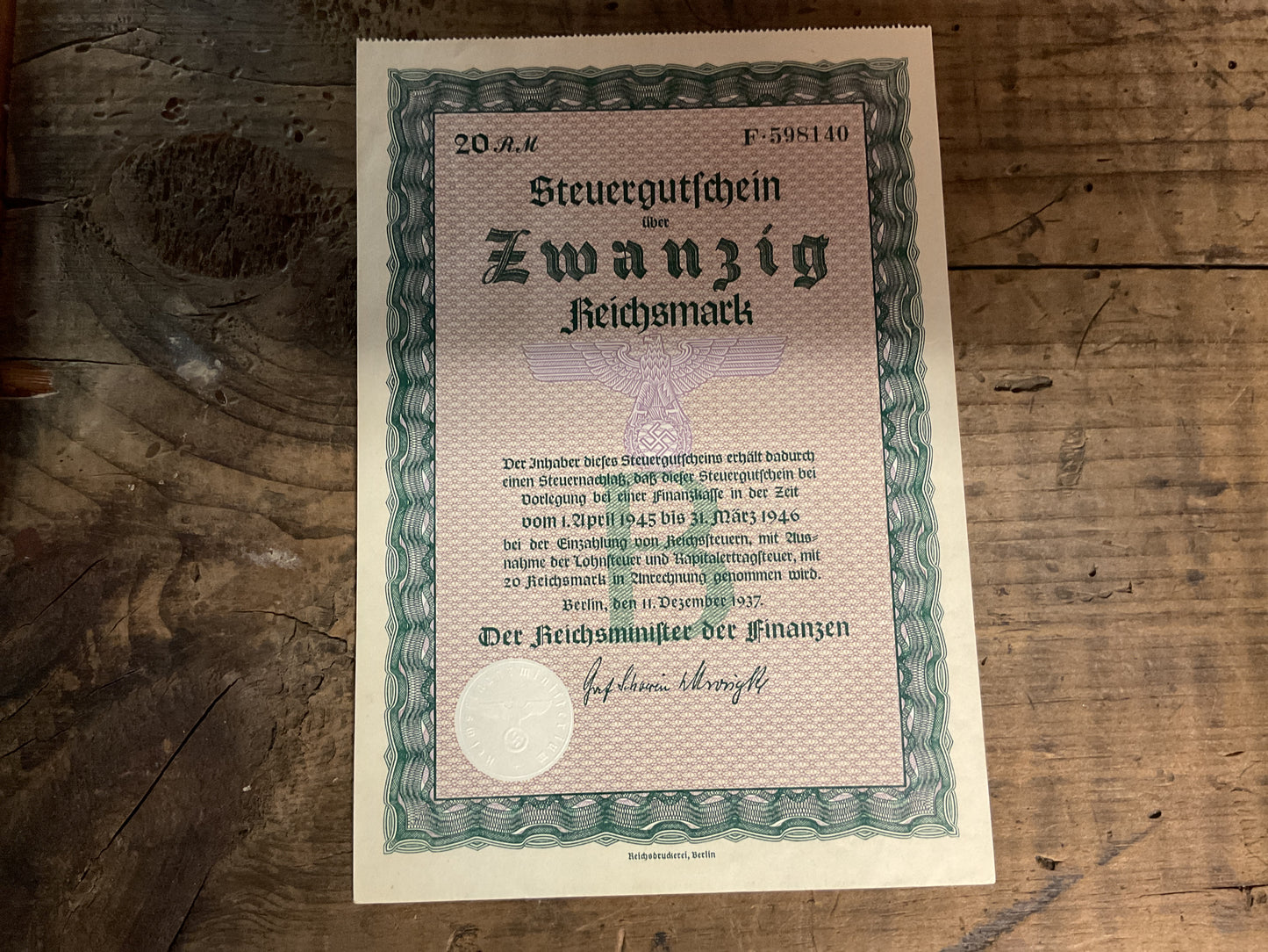 WWII German Third Reich 20 Reichsmark Tax Certificate-(Steuergutschein) Dated: December 11, 1937