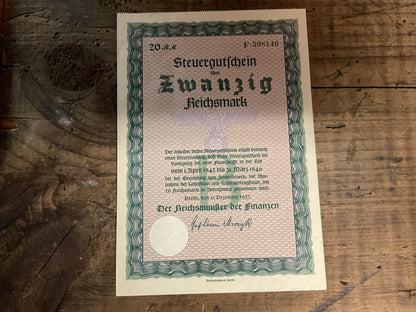 WWII German Third Reich 20 Reichsmark Tax Certificate-(Steuergutschein) Dated: December 11, 1937