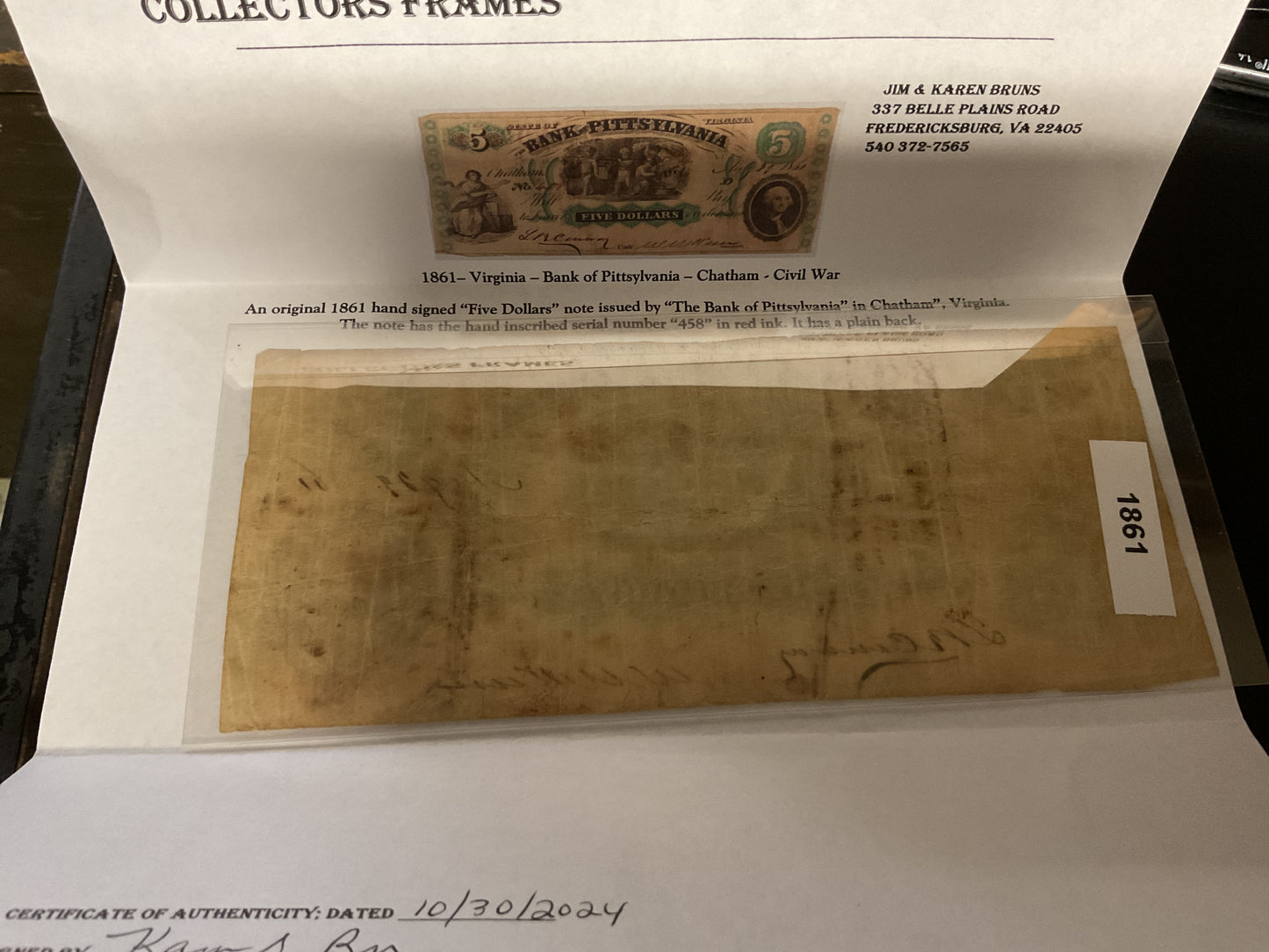 Bank of Pittsylvania Five Dollar Bill CIVIL WAR ERA WITH COA