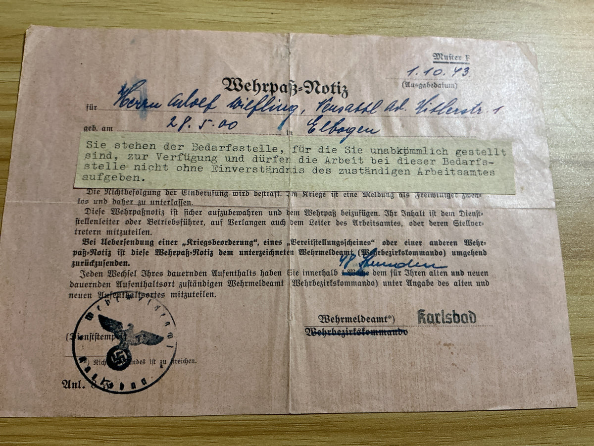 Original WWII German 1943 WehrpaB Notiz-Essential Worker Exemption-Karlsbad