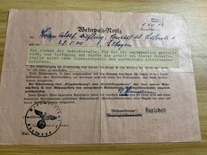 Original WWII German 1943 WehrpaB Notiz-Essential Worker Exemption-Karlsbad