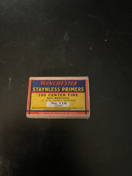 Vintage Winchester Staynless Primers No. 116 — 100 Center Fire Primers Box