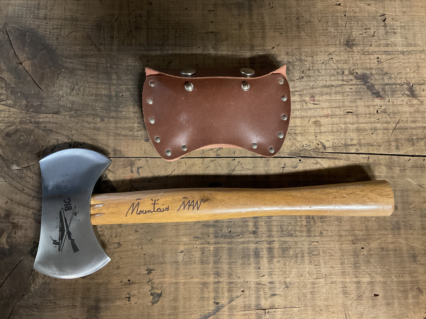 “Mountain Man” Hatchet w/ Leather Sheath-Big Shot Axe-Wooden Handle